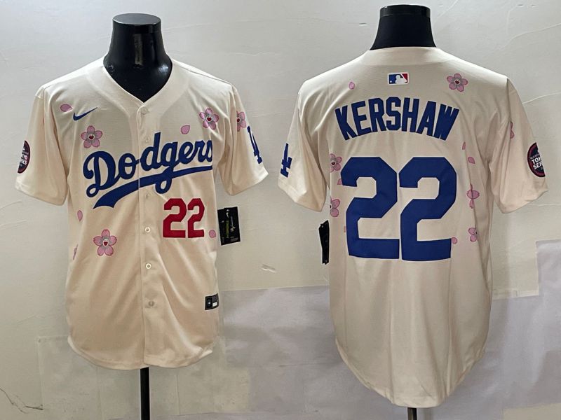 Men Los Angeles Dodgers #22 Kershaw Cream White Blue Sakura Edition 2025 Nike MLB Jersey style 1